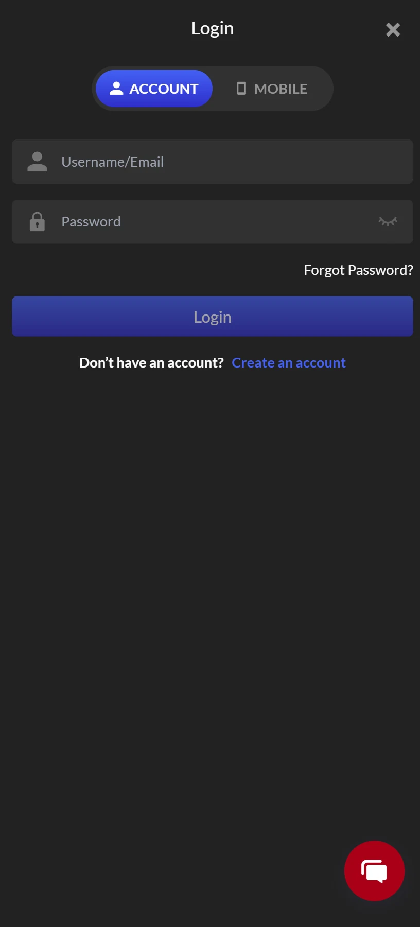 NEP9 login screen — Account tab with username, email and password fields